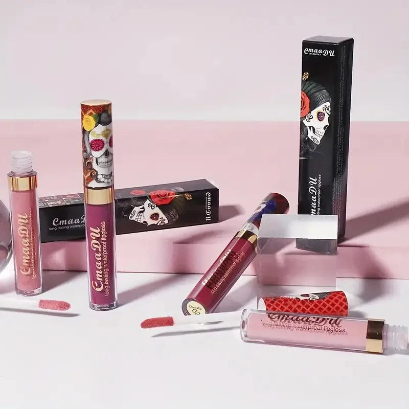 1pcs Matte Lip Gloss - Long-Lasting, Waterproof, Non-Fading, for All Skin Types - Vibrant Red Shades with Floral & Skull Designs Oasis Select
