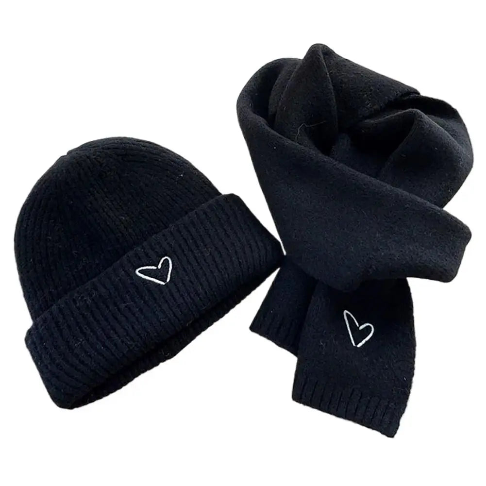 Winter Warm Solid Color Kids Knitted Hat Scarf Love Heart Embroidery Autumn Baby Beanie Outdoor Anti-cold Boys Girls Cap Scarves Oasis Select A