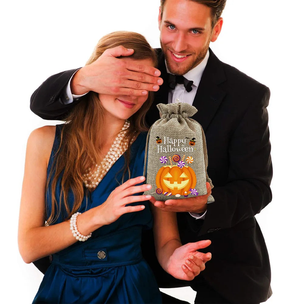 StoBag 12pcs Wholesale Halloween Linen Bag Gift Candy Packaging Drawstring Small Storage Kids Child Pouches Trick or Treat Party Oasis Select