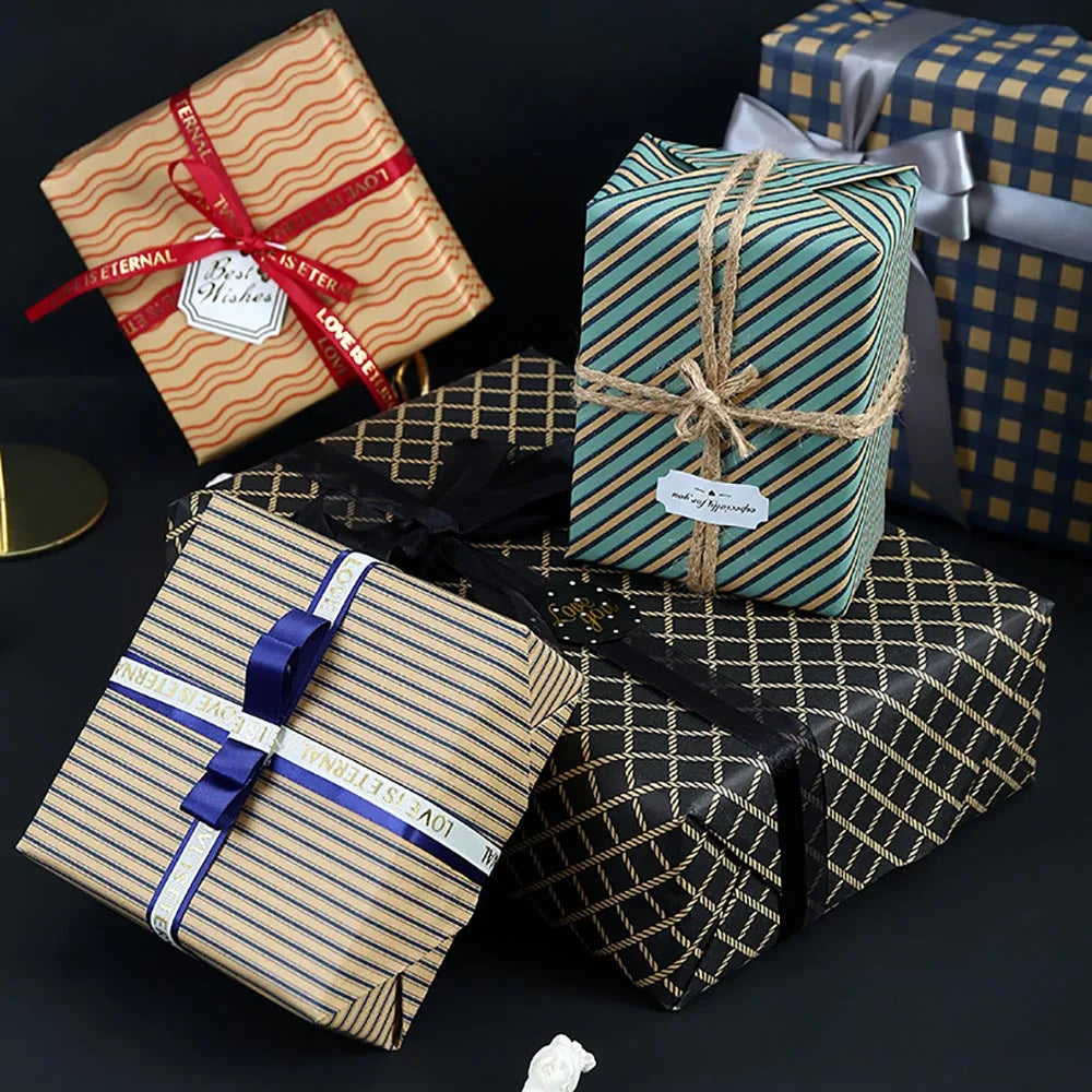 70x50cm Retro Gift Wrapping Paper Blue Grid Wave Sea Star Pattern Bouquet Packaging Paper Men Birthday Gift Packaging Paper Oasis Select