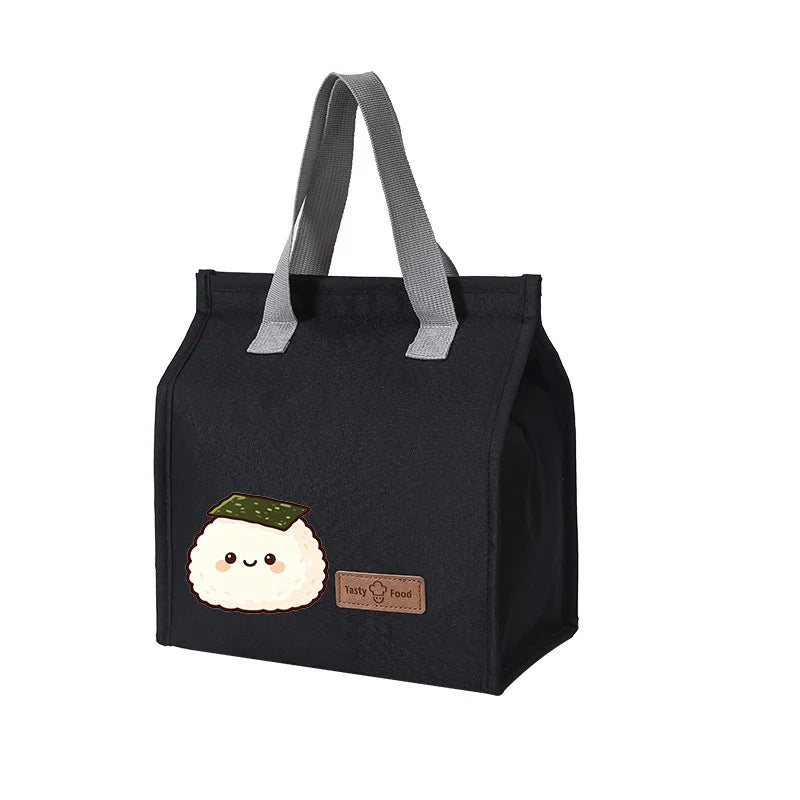 Kawaii Onigiri Print Insulated Lunch Bag Waterproof Oxford Thermal Cooler Tote Bag for School Work Camping Oasis Select Black