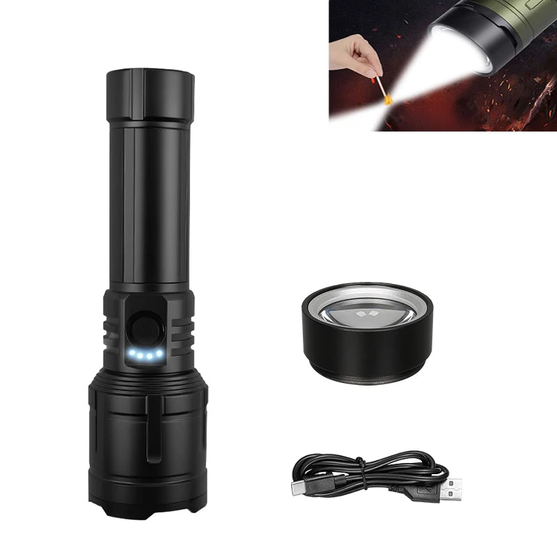 Powerful LED Flashlight USB C Rechargeable with Fresnel Lens Flashlight Super Bright Aluminum Zoom Torch Emergency Power Bank Oasis Select Black-NO Battery ZOOM
