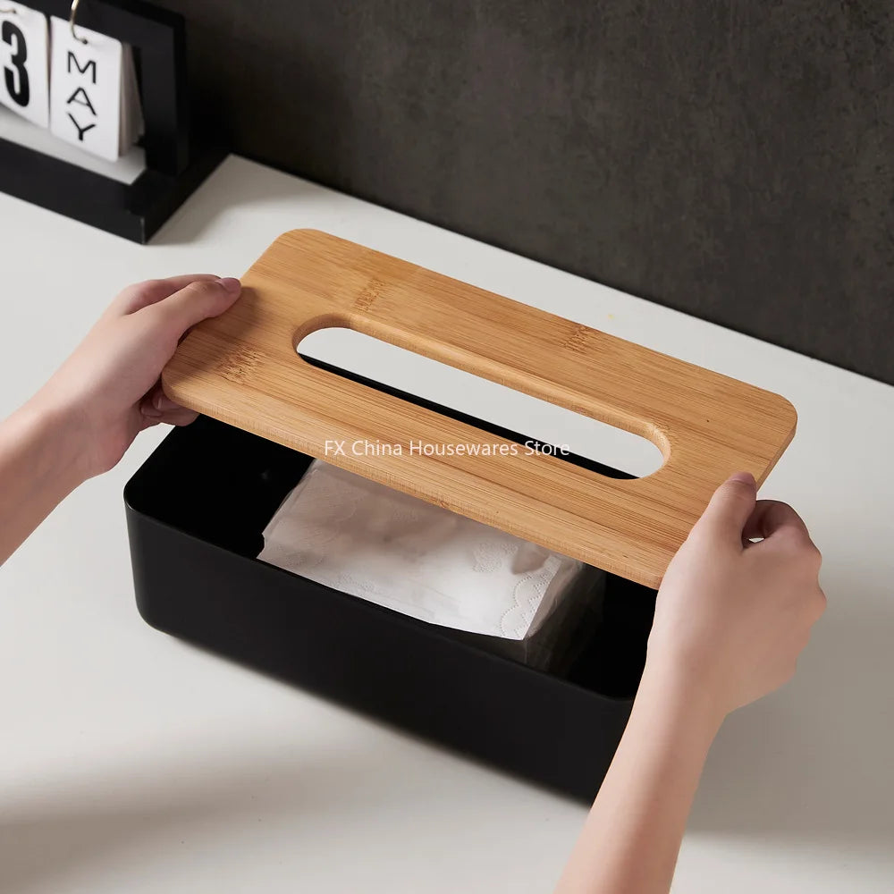 Bamboo Lid Plastic Tissue Box Organizer Rectangular Paper Towel Holder for Living Room Bathroom Kitchen Storage Oasis Select