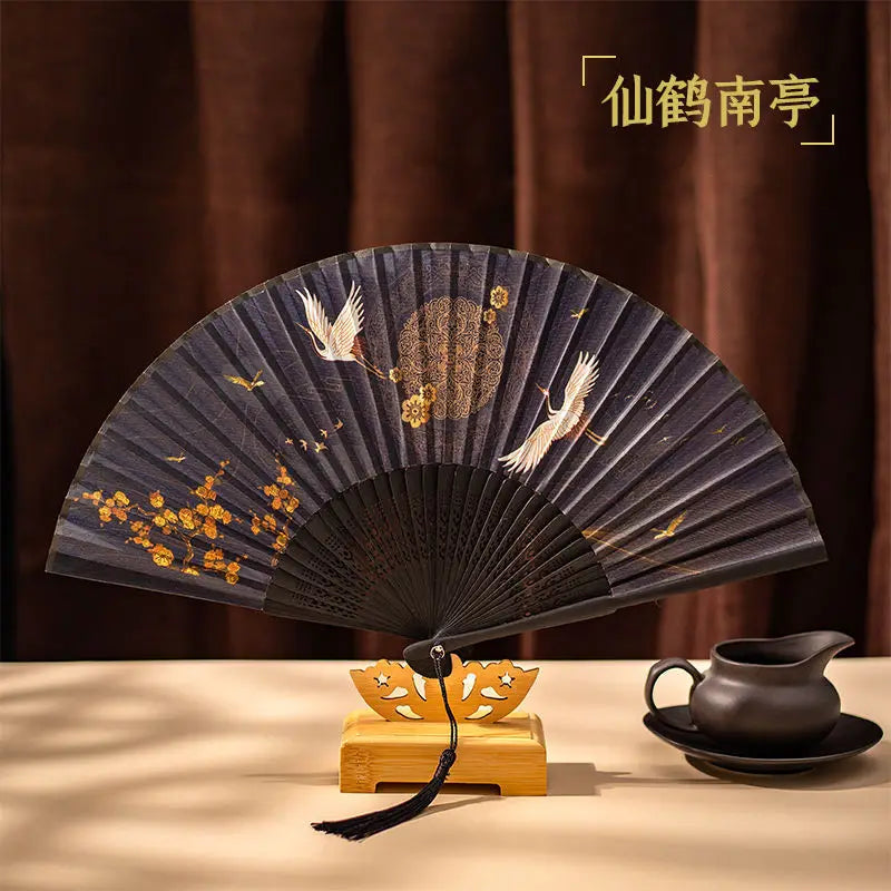 Ancient Style Folding Fan Embroidery Fringe Hanfu Holding Dance Props Fan Hand Held Fan Oasis Select A