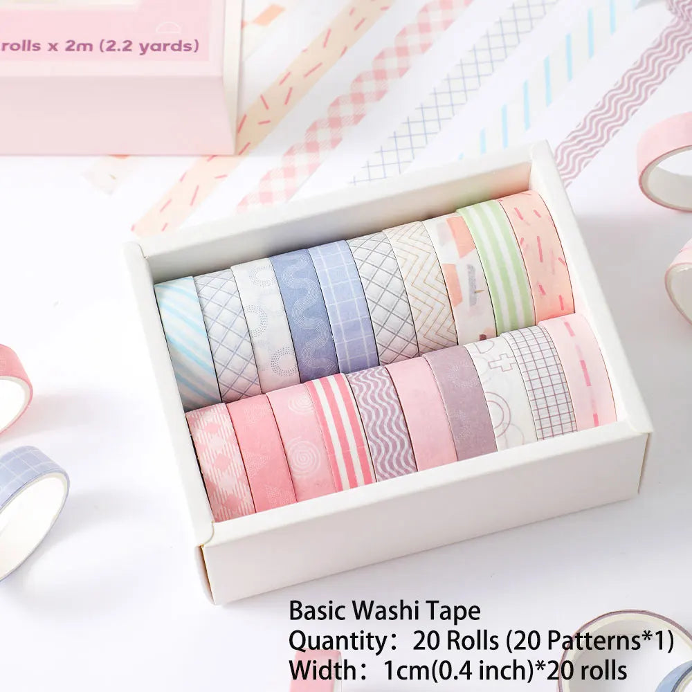 20 rolls Washi Tape Set Simple Thin Masking Tape For DIY Arts Crafts Gift Wrapping Journaling Scrapbooking Labeling Coding Deco Oasis Select Pink