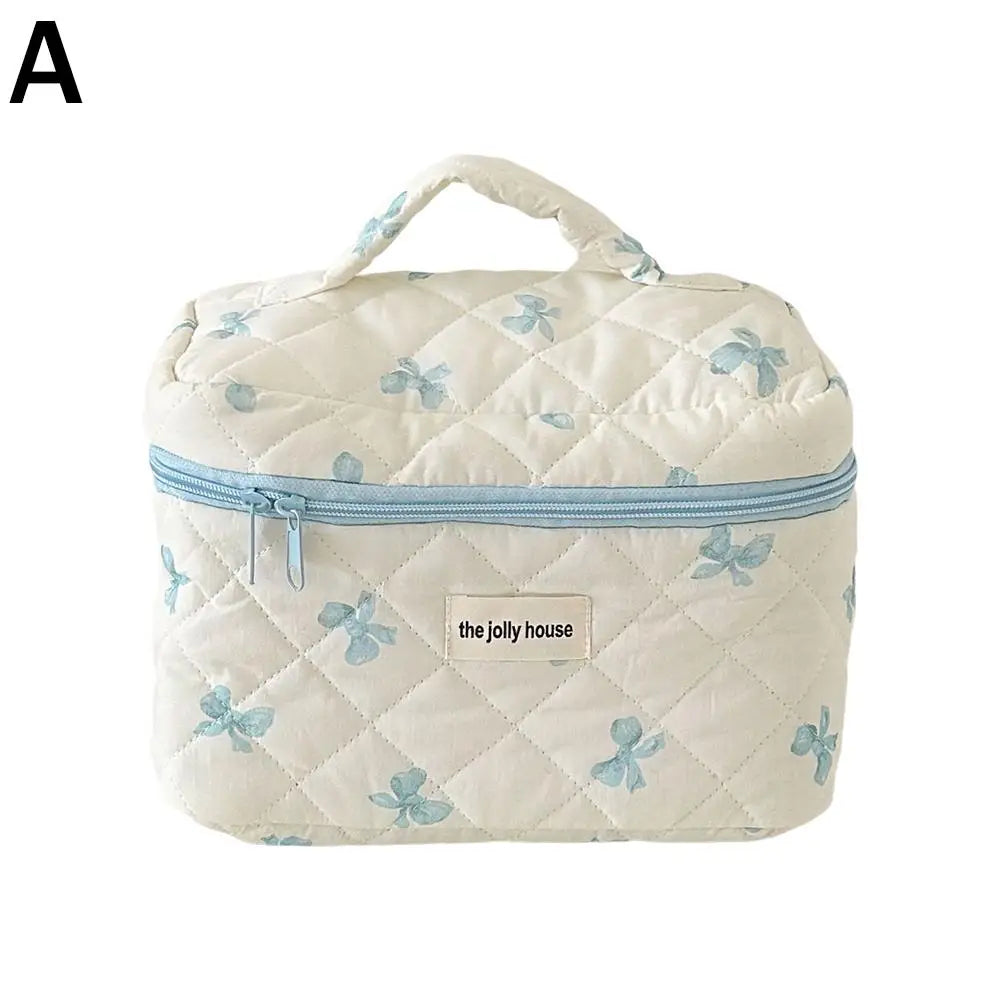 Quilted Makeup Bag 3 Sizes Floral Toiletry Cosmetic Pouch Makeup Organizer Travel Floral Bag for Bridesmaid Gifts, Daily Use Oasis Select blue-L