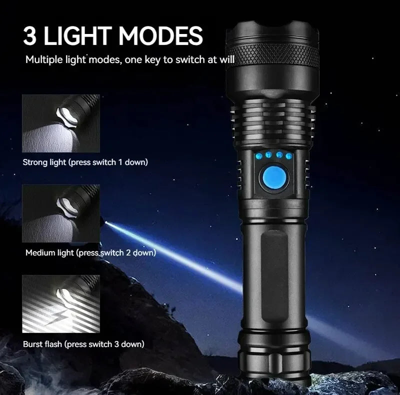 Rechargeable Camping Torch High Power Led Flashlight ABS Material With 3 Lighting Modes For Adventure, Camping, Outdoor, Etc. Oasis Select
