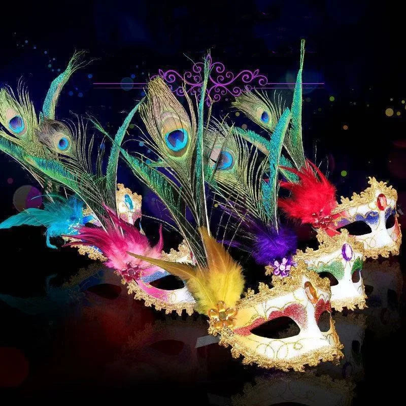 Masquerade Mask Women Peacock Feather Mask Mardi Gras Mask Fashion Blue Green Metal Shiny Rhinestone Halloween Party Oasis Select