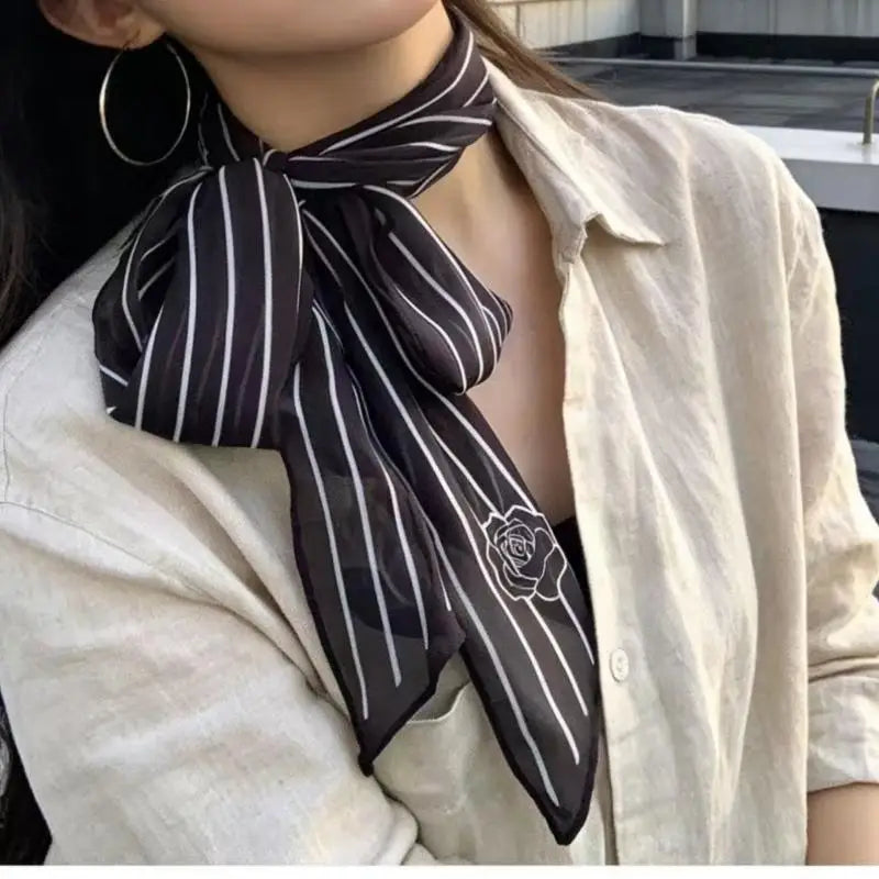 Striped Silk Scarf Women Lightweight Breathable Fashion Neck Head Scarf Daily Office Travel Beach Accessory Office Daily Wear Oasis Select A2