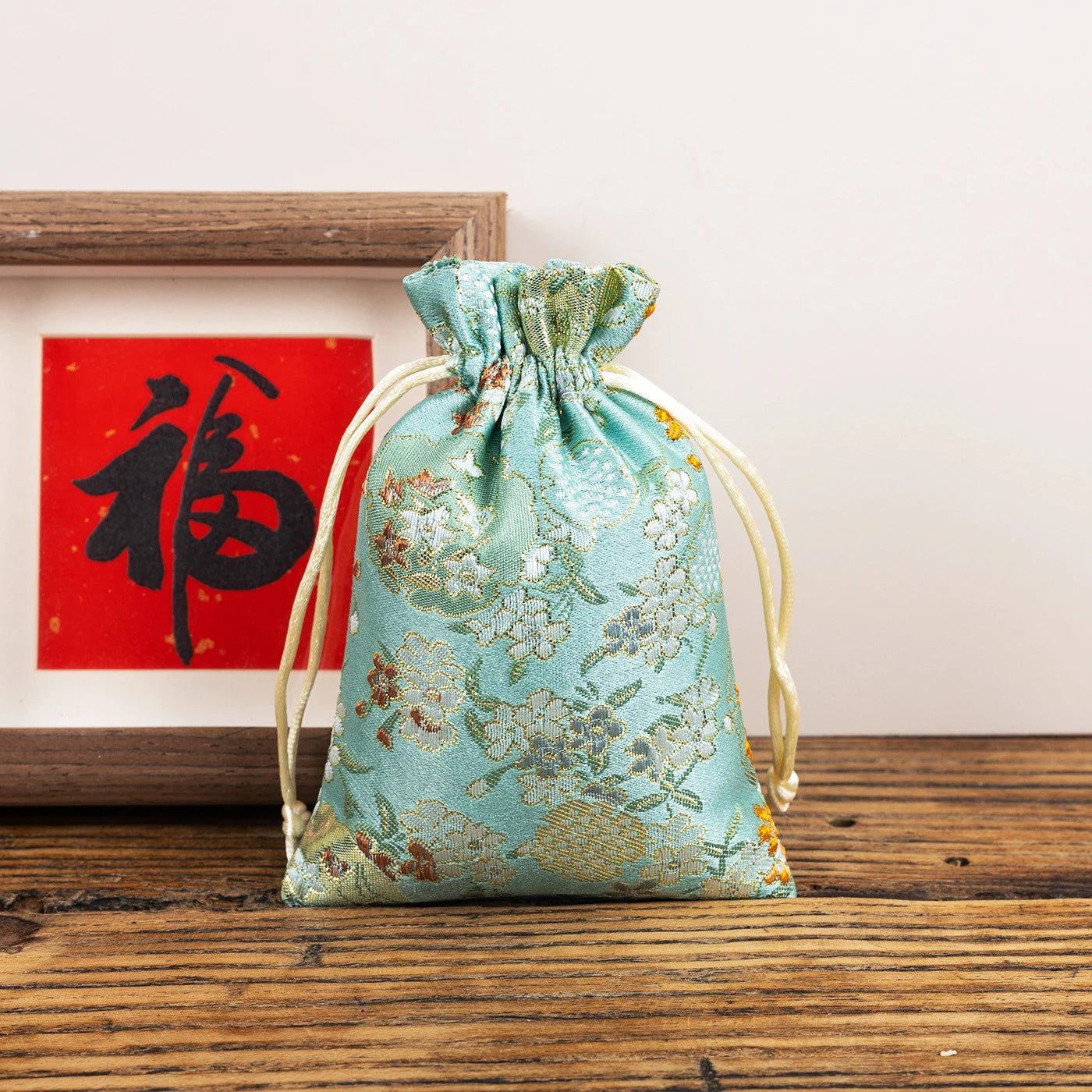 Satin Embroidered Vintage Storage Bag Christmas Drawstring Adjustable Wedding Birthday Jewllery Packing Gift Bags Pouches Oasis Select Green Other 13x18cm