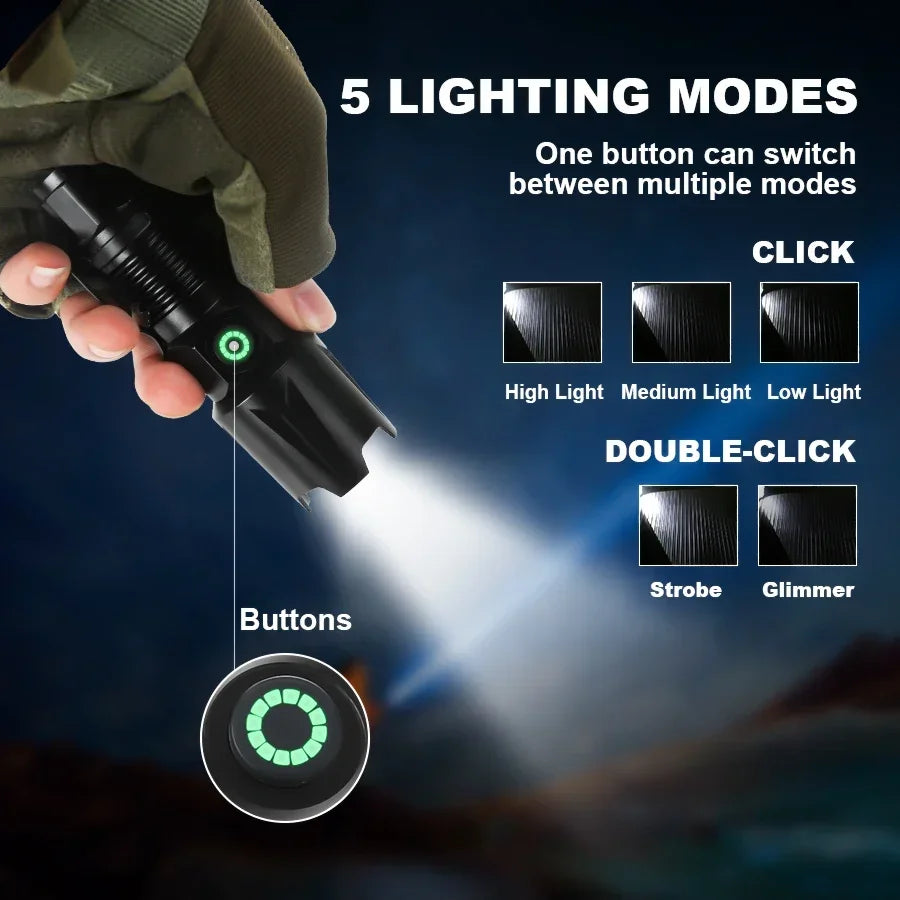 Aluminum Alloy Portable Torch Powerful LED Flashlight USB Rechargeable Outdoor Tactical Zoom Camping Waterproof Flash Light Oasis Select