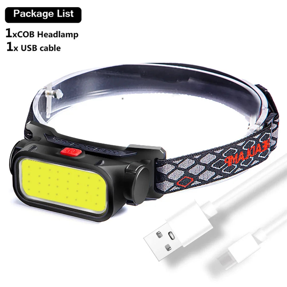 Super Bright COB LED Headlamp 4 Lighting Modes Rechargeable Headlight Outdoor Waterproof Head Lamp with Built-in Battery Oasis Select Package A