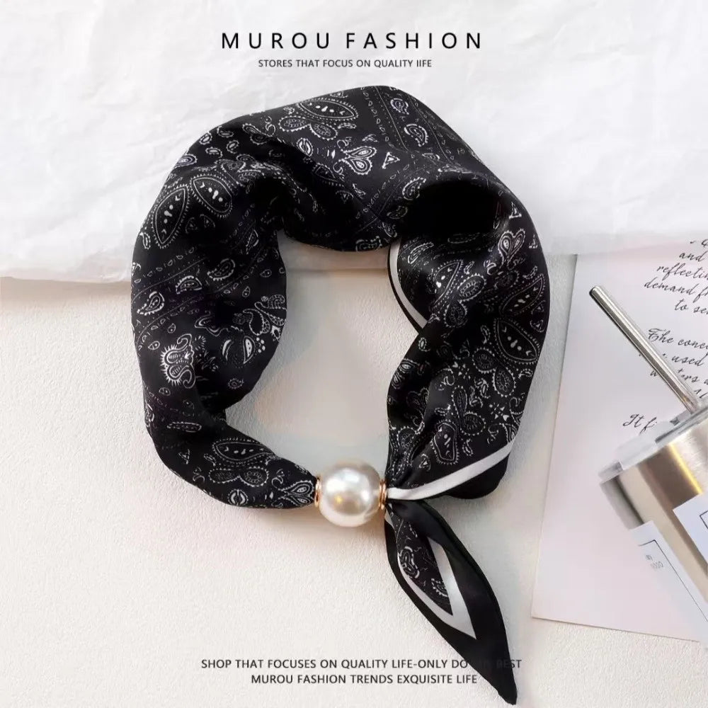 Elegant Breathable Silk Scarf Pearl Buckle Printed Magnetic Snap Scarf Lightweight Thin Faux Pearl Scarf for Women Accessories Oasis Select 04