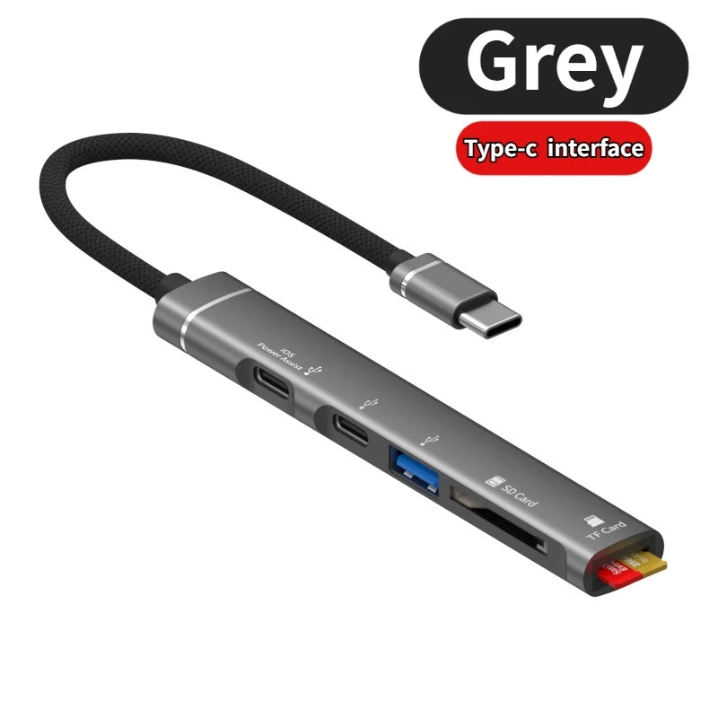5-in-1 Multi Adapter USB +Type C HUB Docking Station with SD/TF Memory Card Reader 5Gbps Transmission Type C Hub For Laptop Oasis Select Type-C Gray