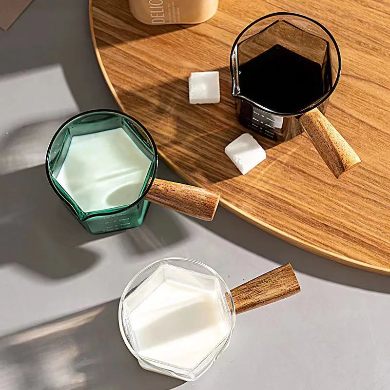 120ml Hexagon Wood Handle Glass Espresso Measuring Cup Milk Latte Jug Coffee Supplies Kitchen Mug Drinkware Double Bottom Oasis Select