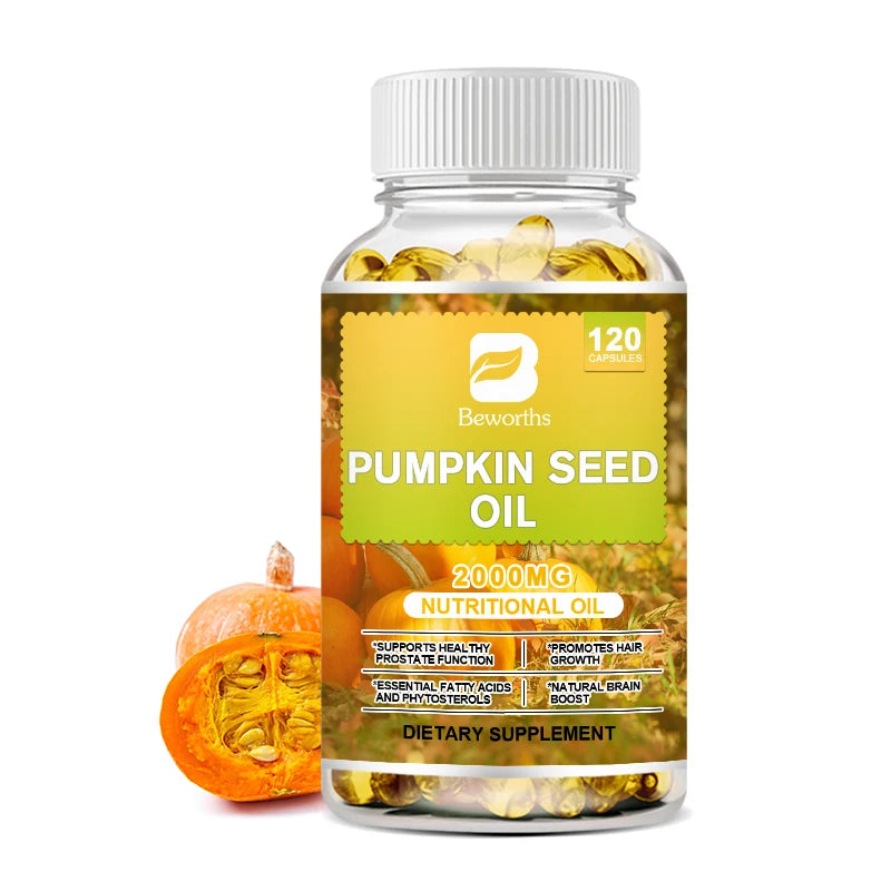 BEWORTHS 2000MG Pumpkin Seed Oil Capsules for Prostate Urinary Function & Cardiovascular Health Hair Growth Boost Metabolism Oasis Select 120pcs 1bottle United States