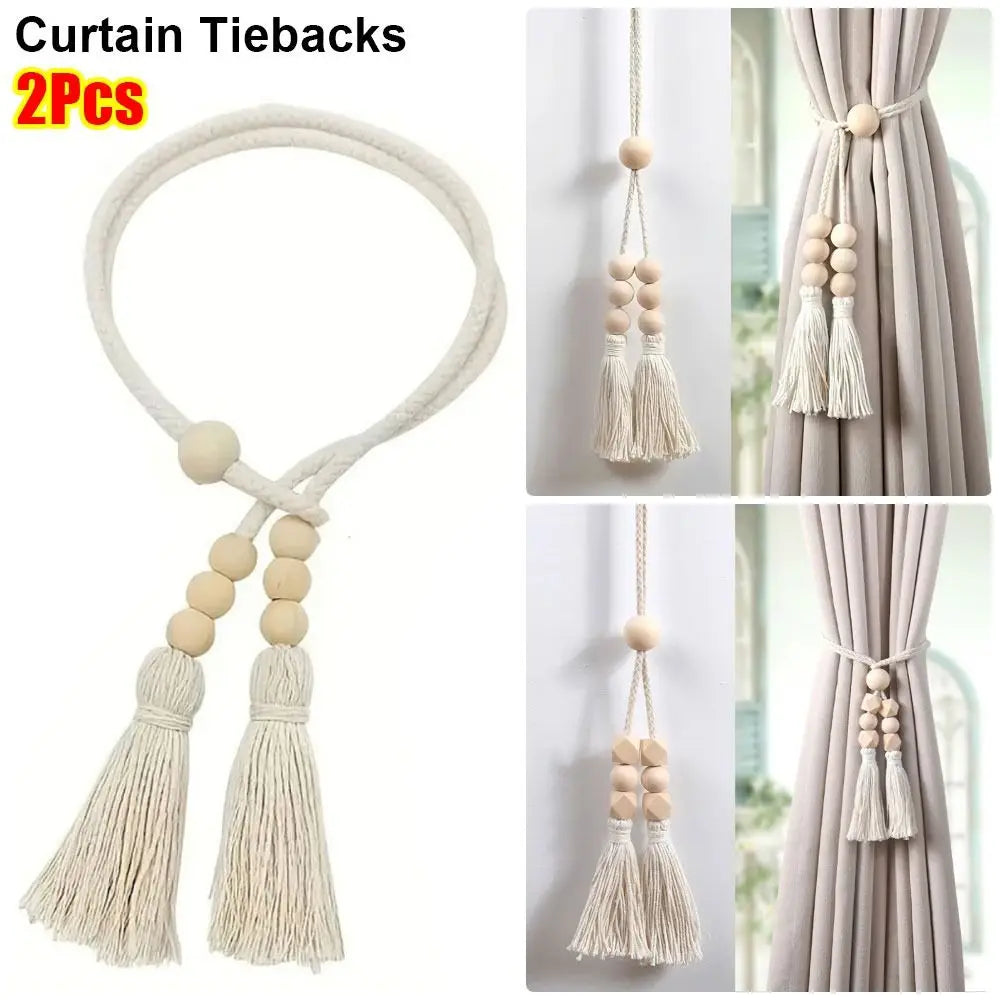 2Pcs Curtain Tiebacks with Tassels Fixed Nordic Curtain Tying Rope Wooden Bead Simple Curtain Hooks Bundle Bags Storage Buckle Oasis Select