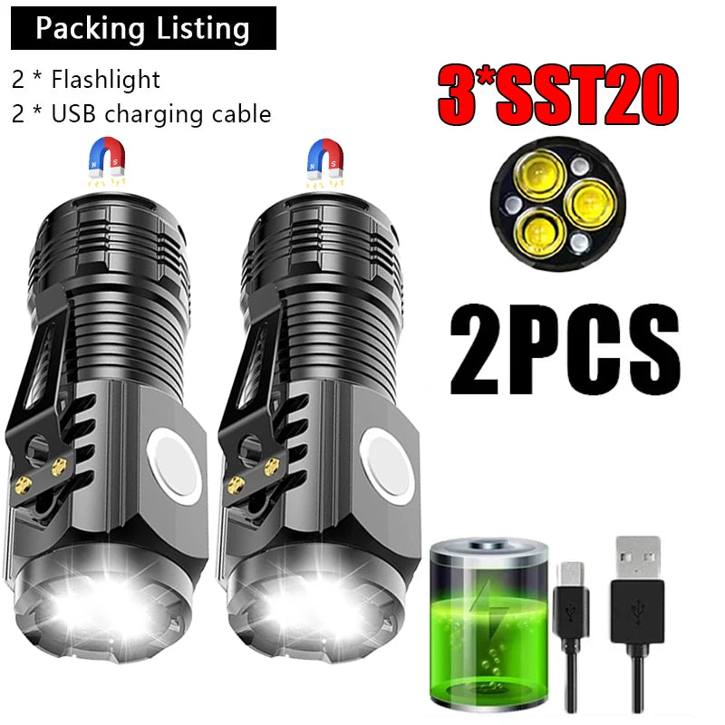 3LED Super Bright Flashlight Portable Mini Burst Flash Torch Rechargeable Outdoor Emergency Spotlight with Pen Clip Tail Magnet Oasis Select