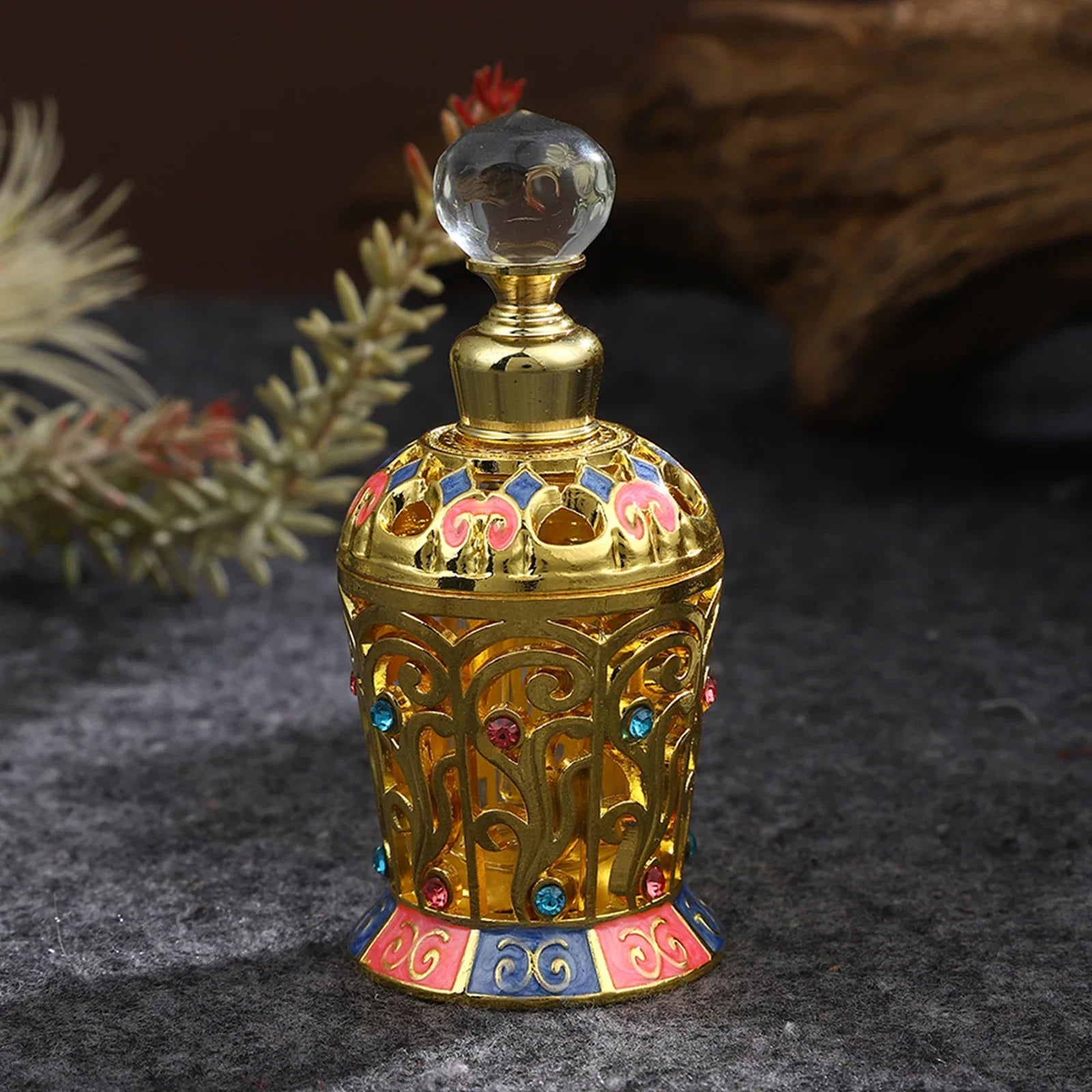 12ml Empty Perfume Bottle Golden Hollow Enamel Flower Glass & Metal & Crystal Decor SPA Refilling Lotion Essential Oil 93mm/3.7" Oasis Select