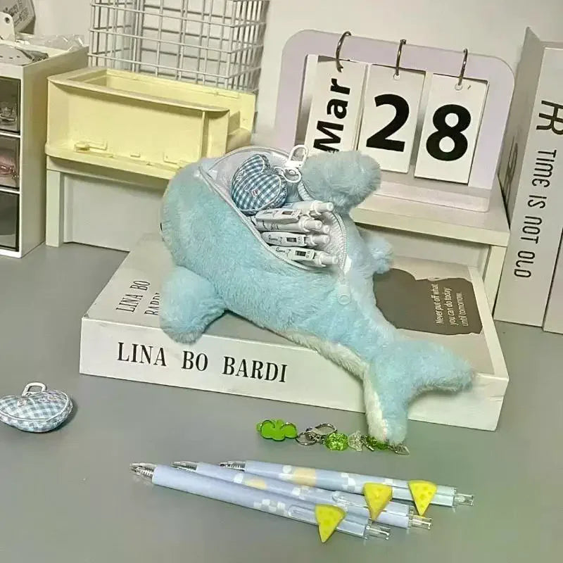 1Pcs Student Stationery Cute Plush Dolphin Shark Pencil Case School Supplies Kawaii Doll Back To School Storage Bag Pen Bag Oasis Select