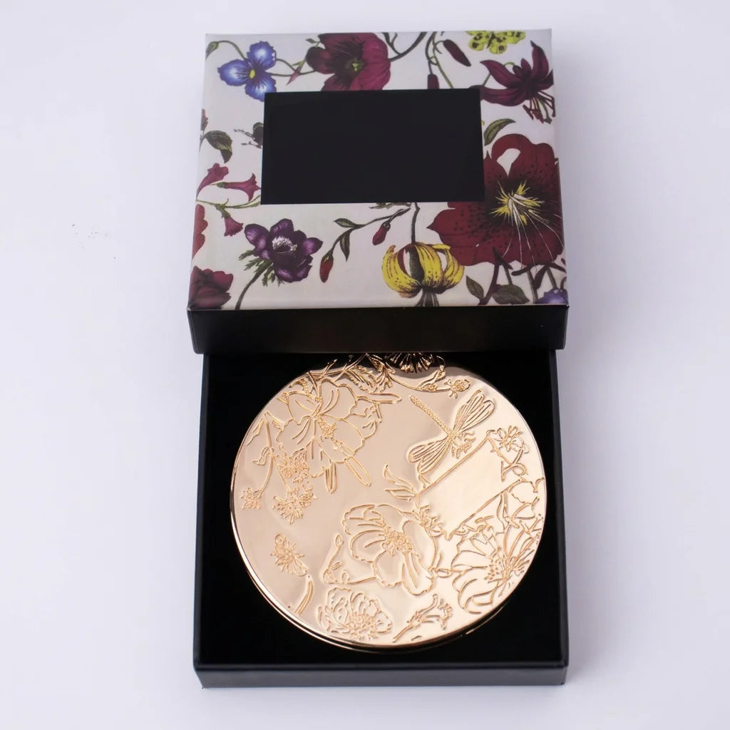 Vintage Gold Folding Compact Pocket Mirror – Floral Embossed