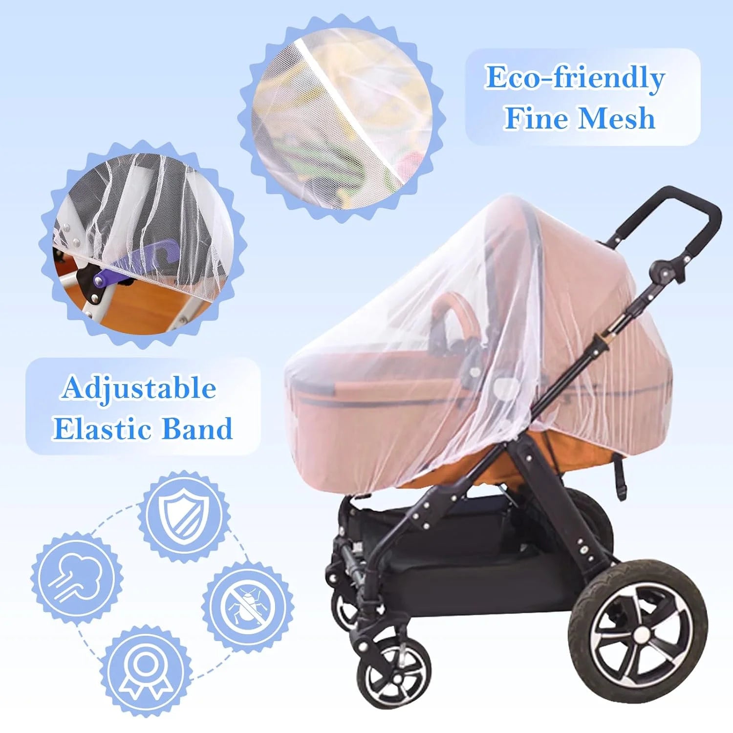 Stroller Mosquito Net, Full Coverage Dense Mesh for Insect Protection, Polyester Outdoor Baby Stroller Gear Stroller Accessories Oasis Select