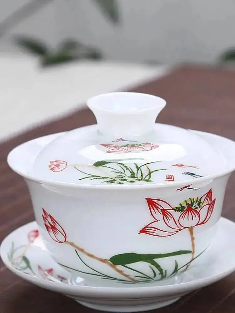 3.8-inch White Porcelain Big Cover Bowl Ceramic Tea Sancai Cover Bowl Blue And White Tea Bowl Oasis Select