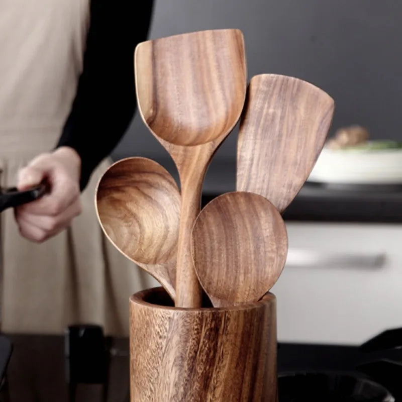 5pcs Wood Kitchen Utensil and Spoon Sets - Smooth Finish Non-Stick Cooking Spoons with Comfort-Grip, Wooden Spatula for Soup Oasis Select