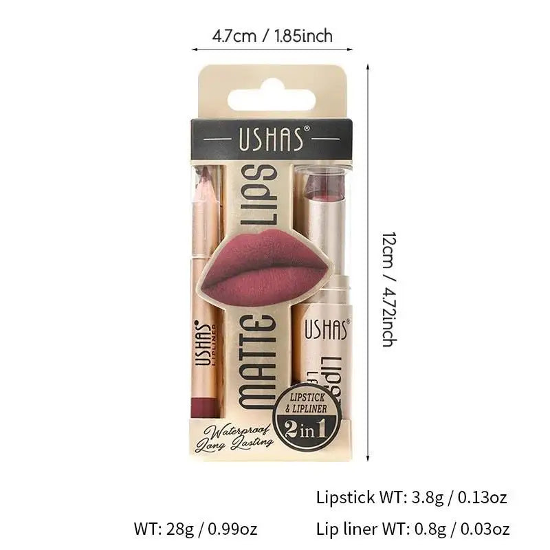 USHAS 12-Color Matte Lipstick & Lip Liner Set – Long-Lasting