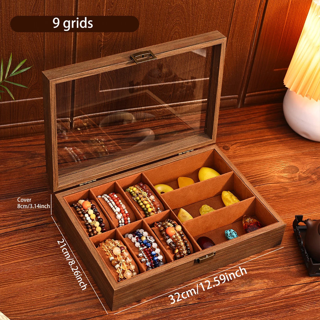 1pc wooden bracelet multi slot jewelry storage box velvet lined bead bracelet display cabinet suitable for family collection Oasis Select Brown-9grids
