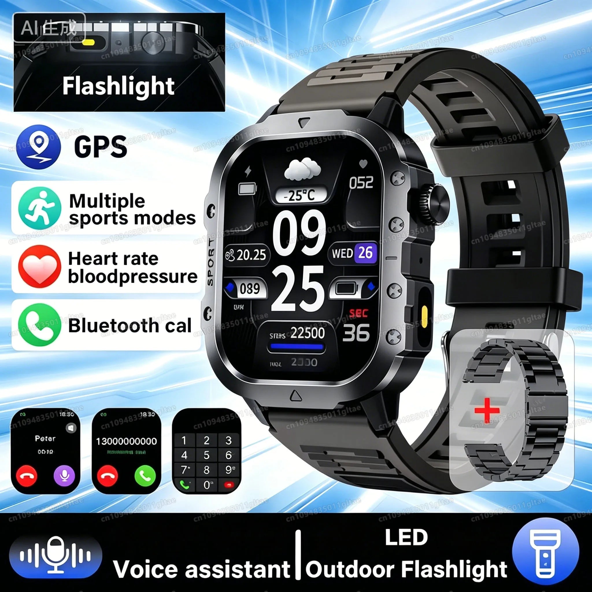 Military-Grade Smartwatch – Bluetooth Call, Flashlight & 100+ Sports