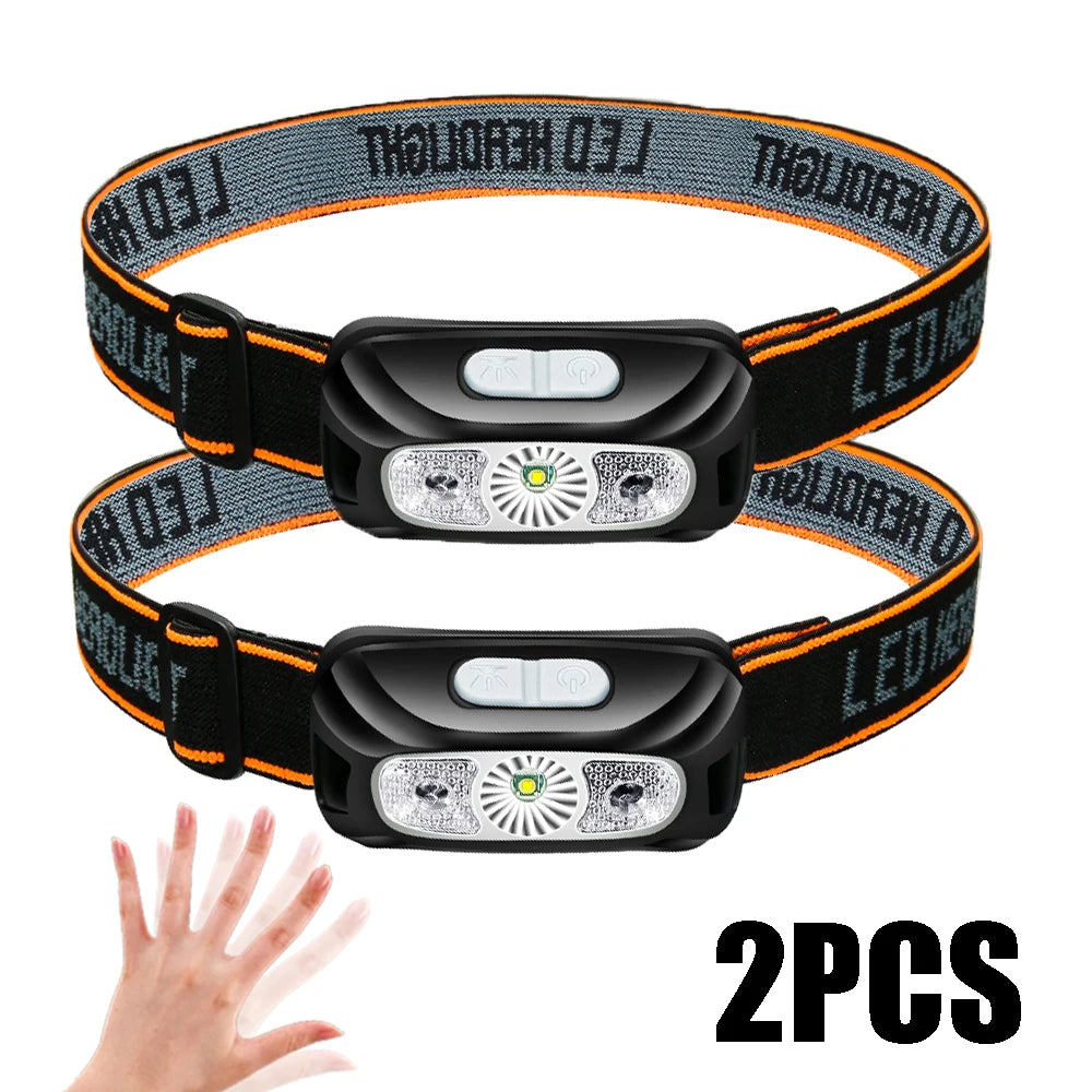 Powerful COB Headlamp Portable Rechargeable Head Flashlight Built-in Battery Outdoor Fishing Camping Lantern Waterproof Torch Oasis Select Sensor-black 2PCS