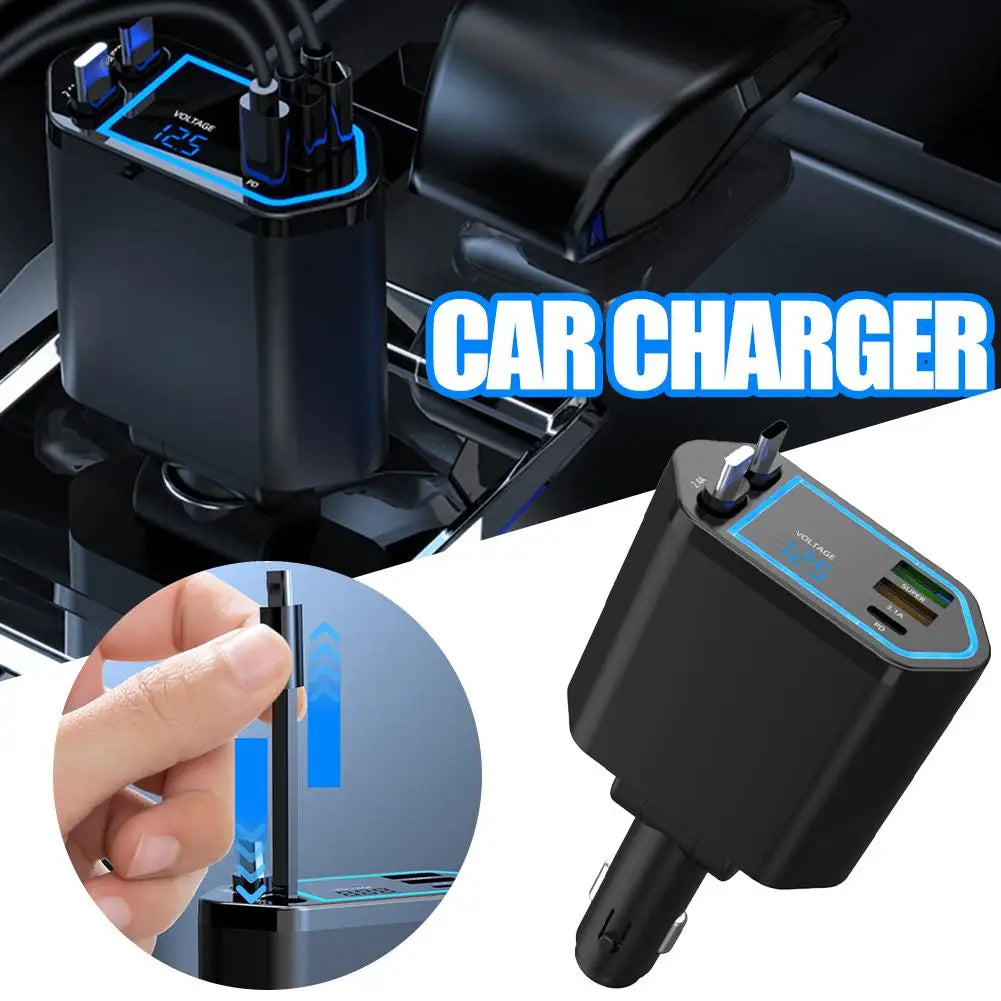 120W 4-in-1 Fast Car Charger – Retractable Cable & 2 USB Ports Car Charger Adapter Oasis Select