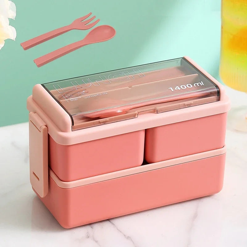 Single/double Layer Lunch Box Portable Leakproof Student Microwave Dinnerware Set with Fork Spoon Food Snack Storage Container Oasis Select Double-Pink