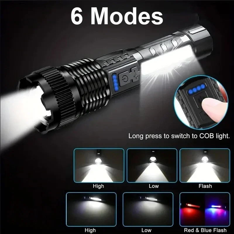2pcs Powerful LED Flashlight 99000LM Telescopic Zoom Tactical Torch Cob Side Light Outdoor Waterproof Night Fishing Light Oasis Select