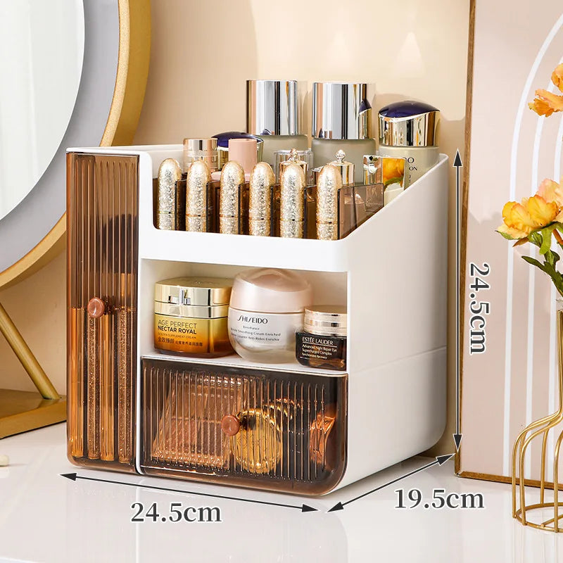 Large Cosmetic Storage Box Light Luxury Desktop Capacity Dustproof Storage Rack Household Vanity Lipstick Cosmetics Storage Box Oasis Select Small White