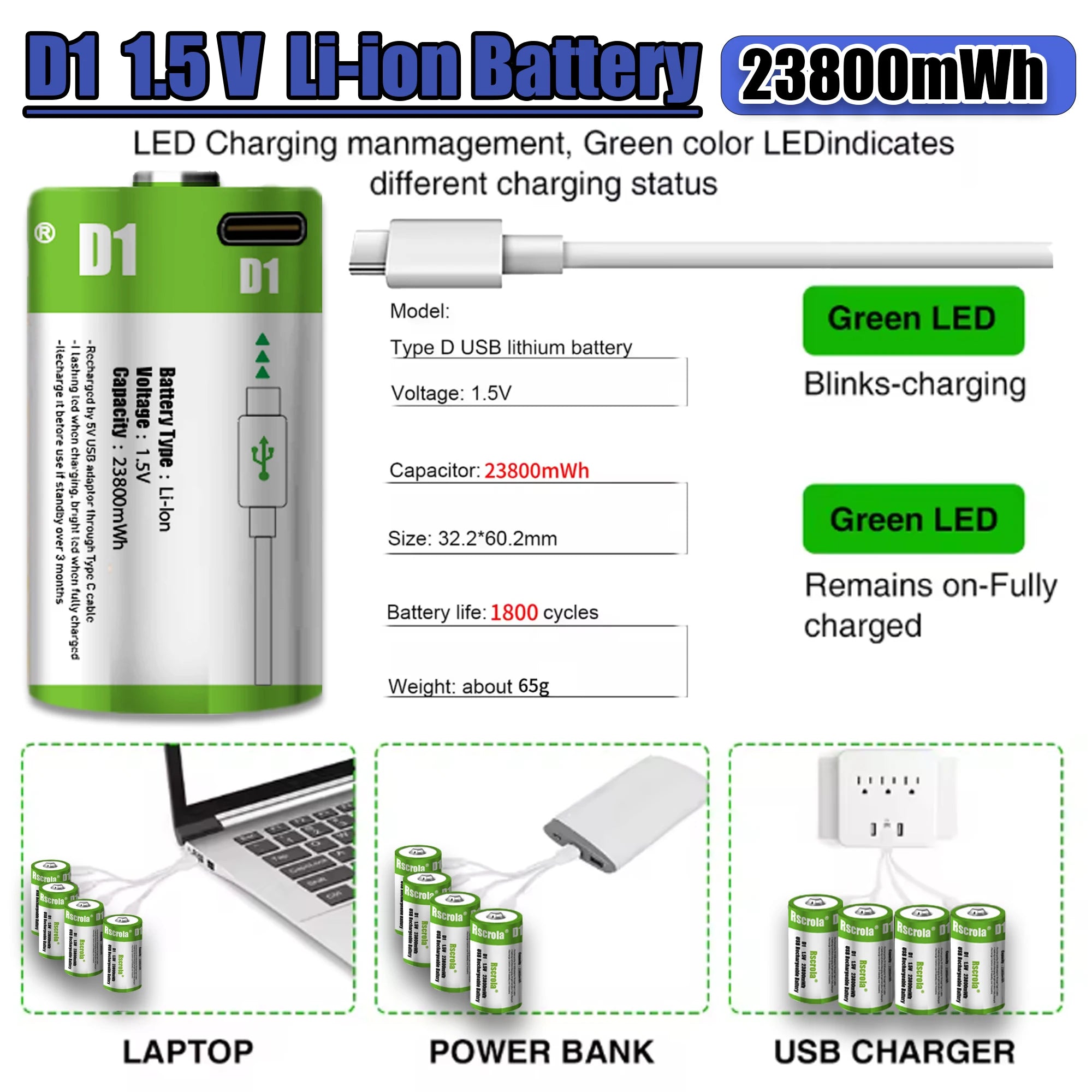 1.5V 23800mWh USB Rechargeable D Size Battery LR20 D Cell Lithium Battery for Gas Cooker Water Heater Flashlight Radios Oasis Select
