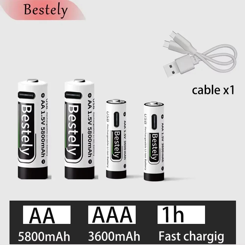 AA AAA Battery 1.5V 5800mAh and 3600mAh Lithium Rechargeable Batteries Fast Charging Li-ion Battery 2000 Cycles Type-C Cable Oasis Select 2AA 2AAA