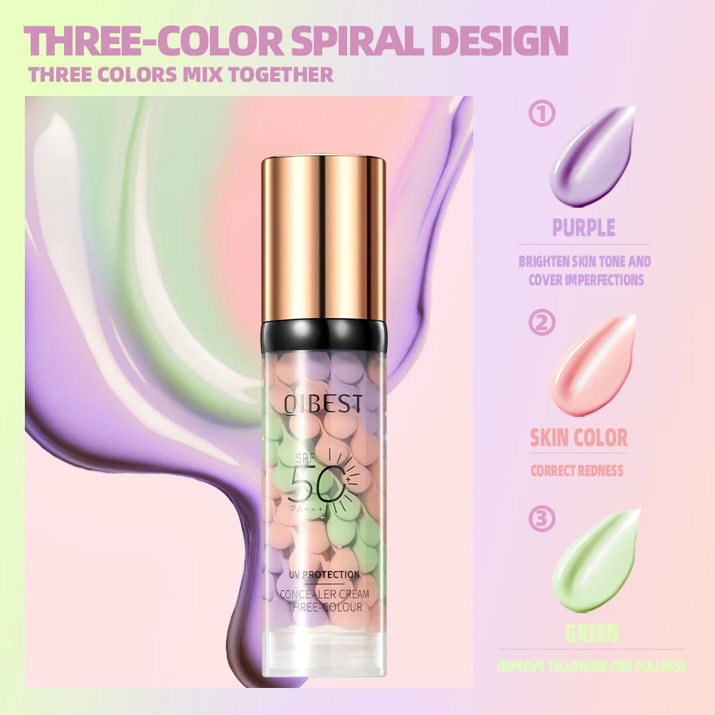 QiBest 3-in-1 Three Color Concealer Cream & Face Primer 40g