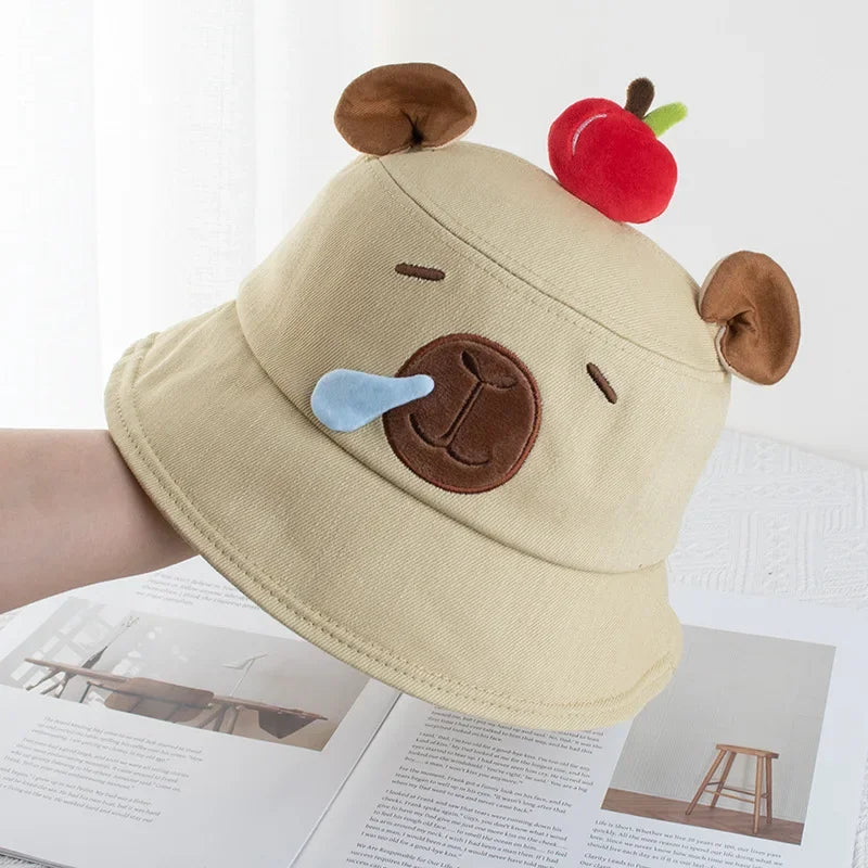 1-4PCS Cute Capybara Apple Bucket Hat for Women Cartoon Fisherman Hat Sun Protection Casual Summer Beach Outdoor Oasis Select Khaki-1PC