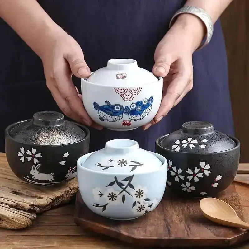 Japanese Ceramic 4.25Inch Stew Pot Bowl With Lid Steam Egg Soup Bowl Steaming Cup Slow Cooker Home Restaurant Tableware Oasis Select