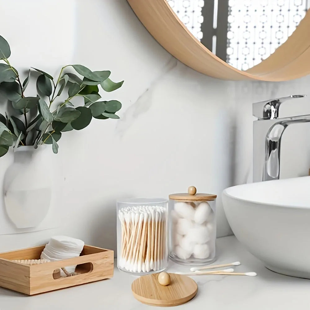 4pcs Bamboo Bathroom Accessories Set - Rustic Boho Decor, Soap Dispenser, Toothbrush Holder, 2 Cotton Swab Holder Jars Oasis Select