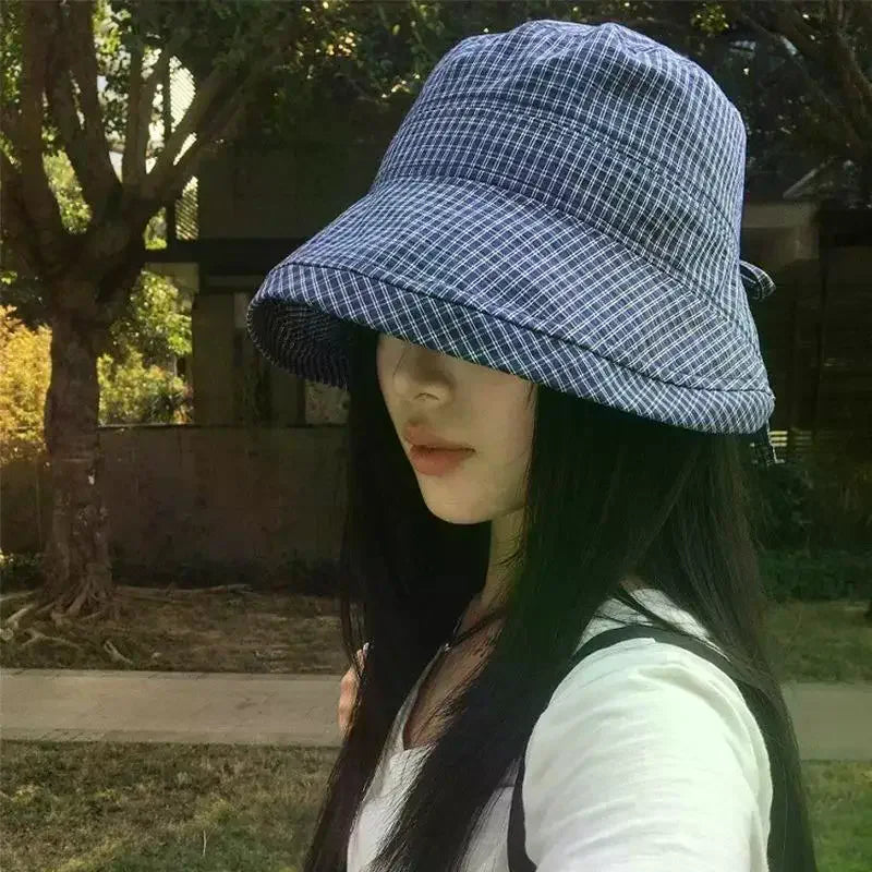 Womens Plaid Fisherman Cap Summer Rolled Edge Bow Bucket Hat Breathable UV Shield Sun Cap for Beach Holiday Travel Oasis Select