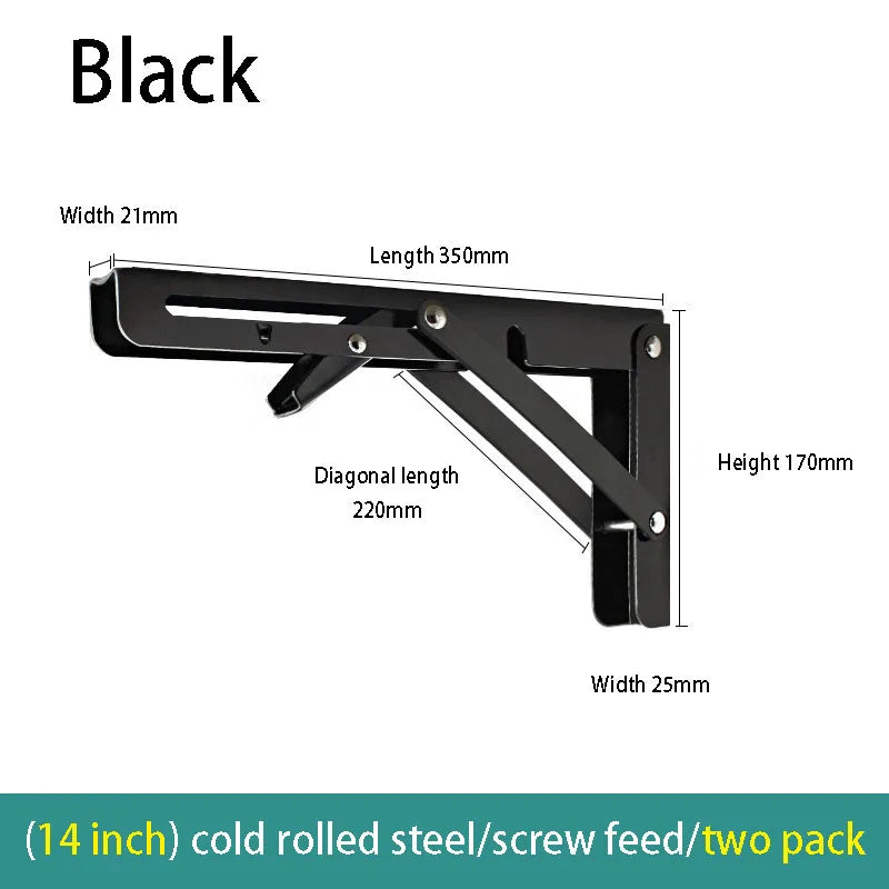 2PCS Thickened stainless steel folding bracket triangular bracket right angle holder wall shelf layer board bracket Oasis Select black-14inch 2pcs