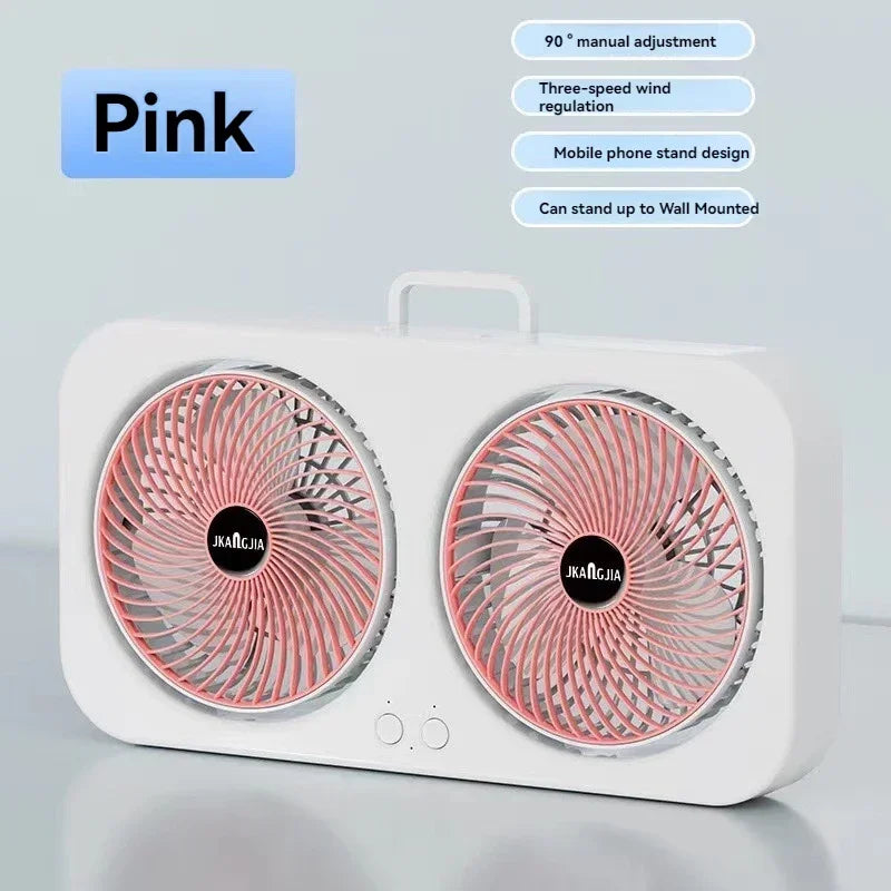 Dual Head Wall Mountable Desk Fan USB Rechargeable 3 Speed Quiet Portable with Large Battery for Living Room Office Dorm Oasis Select Pink