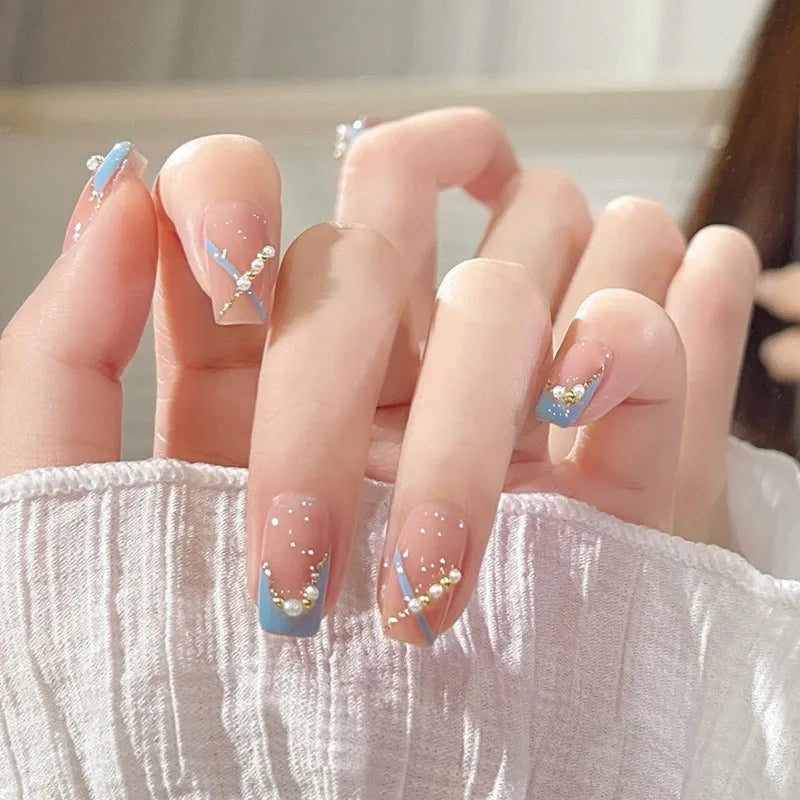 Fashion French Fake Nails, Gradient Handmade Press on Nails, Wearable Removable Glue on Nail Art Tips for Women Girls Daily Wear Oasis Select I