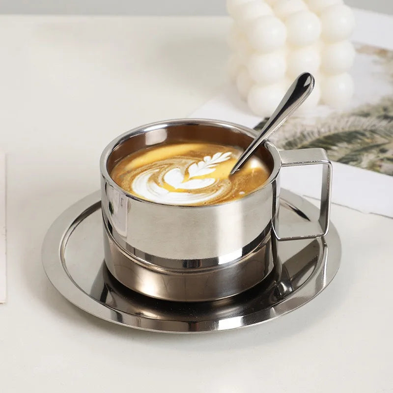 Coffee Cup Set with Spoon and Saucer, Made of 304 Stainless Steel, Double-layer Heat-insulating Mug, for Home, Cafe, Restaurant Oasis Select