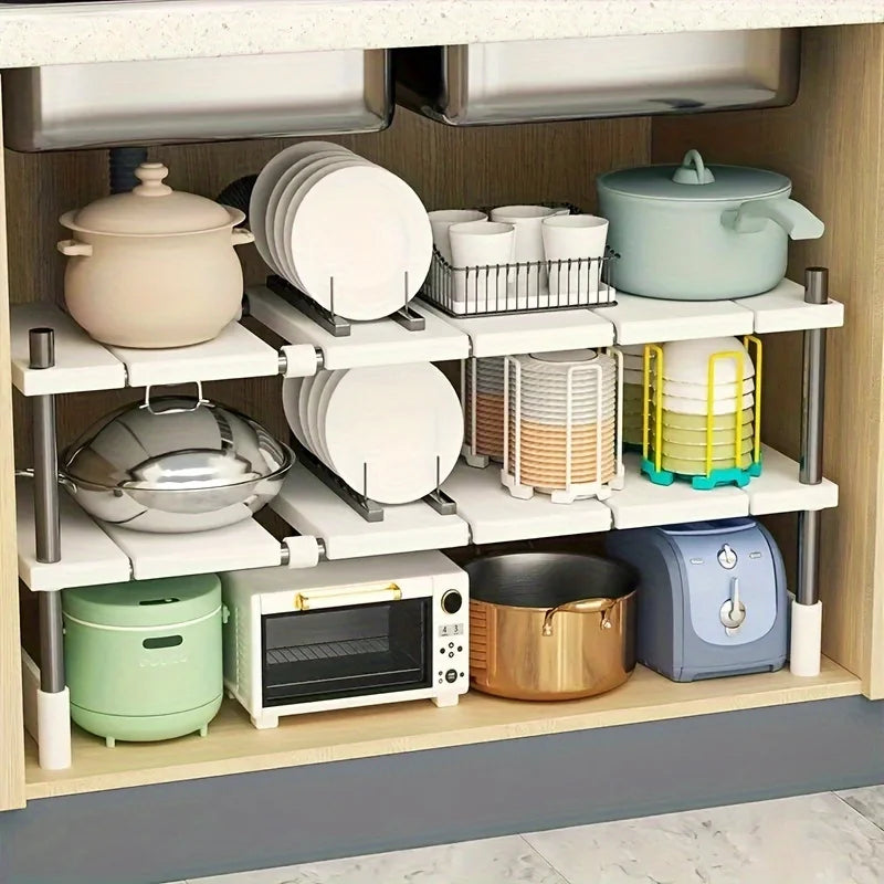 Adjustable Under Sink Storage Rack,Expandable Kitchen & Bathroom Cabinet Organizer, Durable Space-Saving Multi-Layer Pot Holder Oasis Select