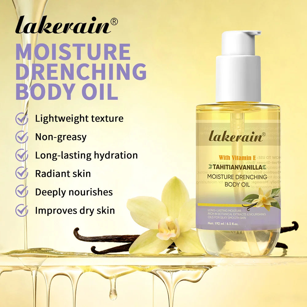 Lakerain Moisture Drenching Body Oil Deeply Hydrating Long Lasting Nourishment Glossy Skin Non-Greasy Cream Flavor Body Oil Oasis Select