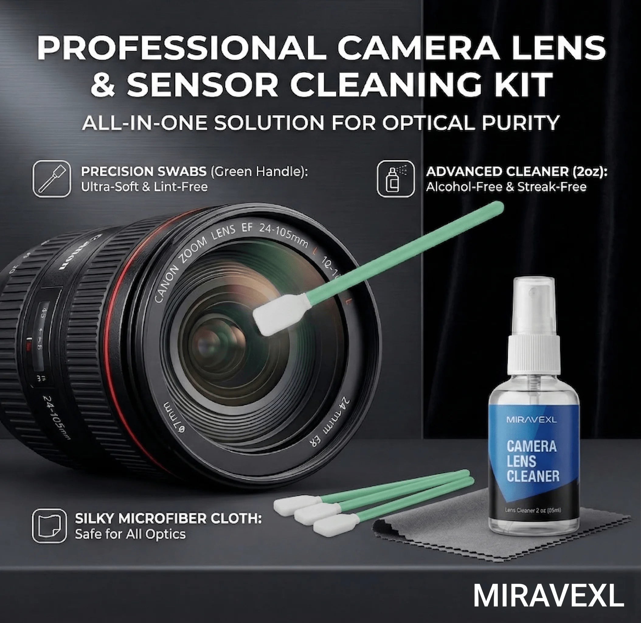 Professional Camera Lens Cleaning Kit Microfiber Cloth Sensor Swabs Spray Dropper Bottle For DSLR Glasses VR Optics Mac Monitors Oasis Select